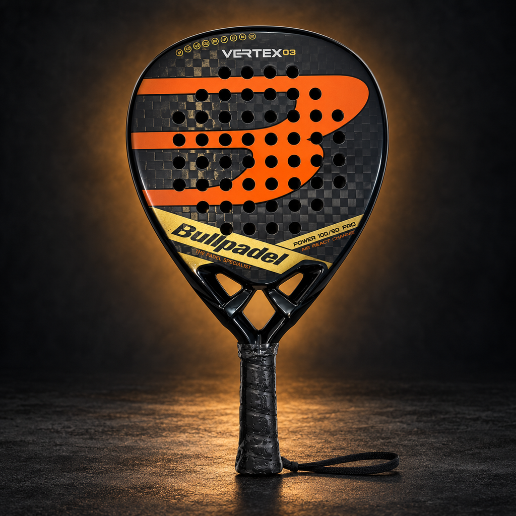 Bullpadel Vertex03 racket on dark amber studio background