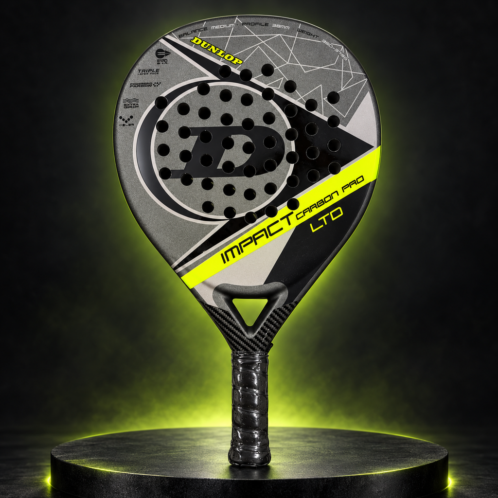 Dunlop Impact Carbon Pro LTD racket in a dark lime studio