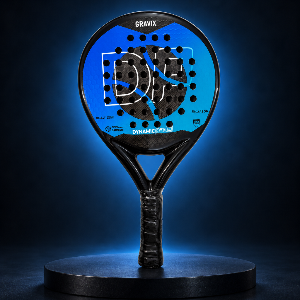 Dynamic Padel Gravix racket in a dark blue studio