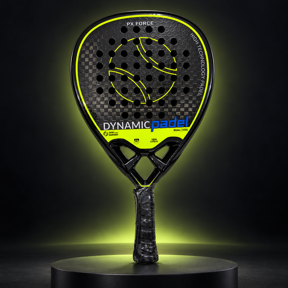 Dynamic Padel PX Force racket in a dark lime studio